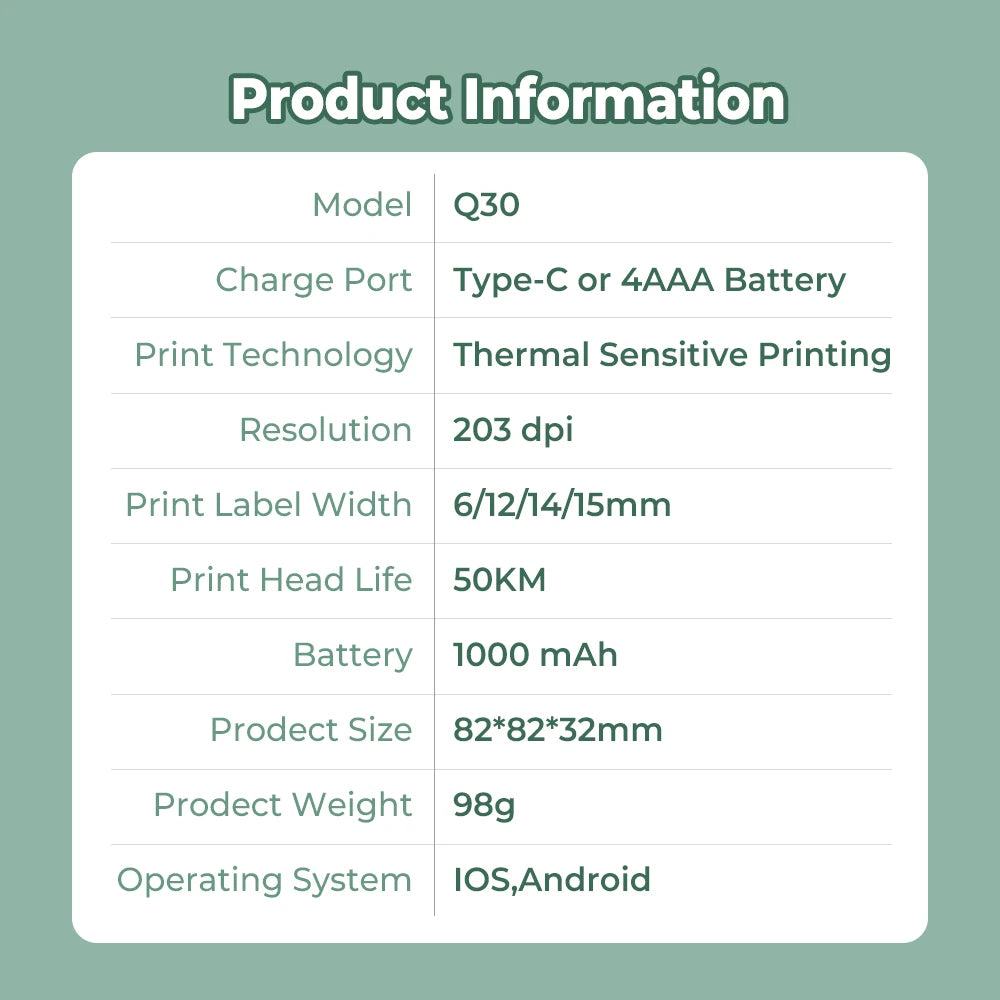 Phomemo Q30 Label Maker Wireless Mini Thermal Printer Portable Adhesive Sticker Barcode Labeling Machine for School Home Office