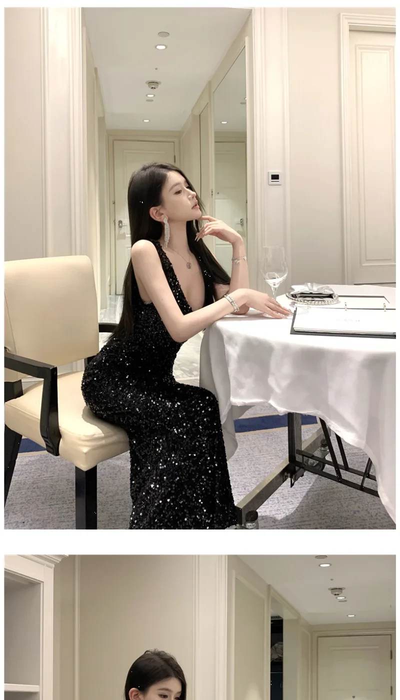 Heavy Industry Sequin V-neck Sling Dress Women's Autumn Slim Dress Temperament Fishtail Hip-wrapped Long Dresses