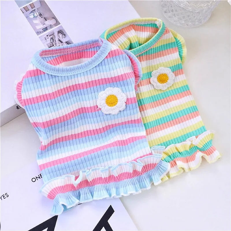 Dog Summer Clothes Pet Dog Vest Dress Dog Knitted Striped Dog T Shirt Chihuahua Bichon Clothing Kitten Puppy Girls Dog Costume