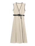 Y2K Patchwork V-neck Midi Dress With Belt Women Elegant Sleeveless Evening Party Tank Dress Summer Vacation Chic Beach Vestidos