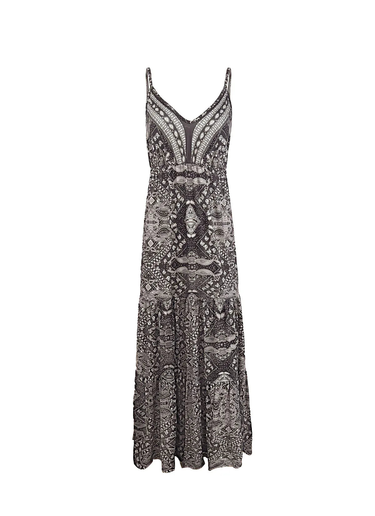 Bohemian Style Women's Clothing Long Dress New  Suspender Long Dress High Waist V-neck Printed Floral Dress Women's Clothing