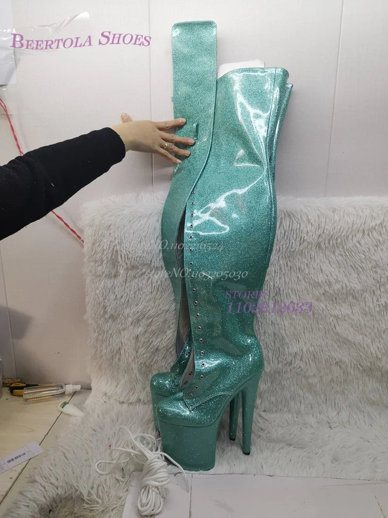 Pure Black Shiny Glossy Sexy Dark Pattern Dance Thigh Boots Platform Woman Over The Knee Long Lace Up Zipper Shoes Bling Shoes