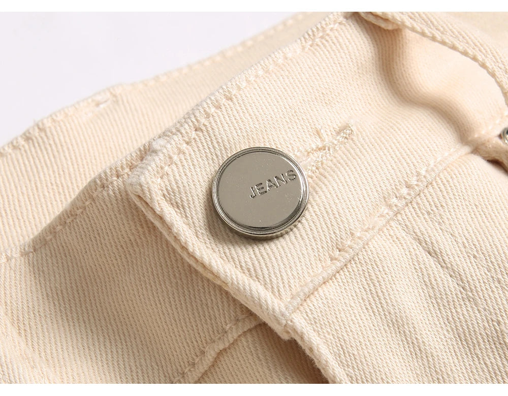 Men's Slim Boot Cut Denim Jeans Streetwear Embroidery Patches Pants Khaki Flared Trousers