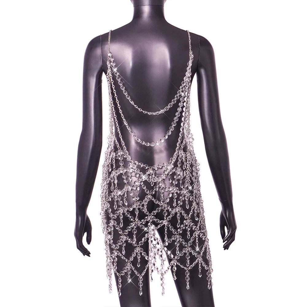Sexy See Through Rhinestone Dress for Women 2023 Shiny Backless Mini Rave Festival Clothing Party Nightclub Y2k Dress Outfits
