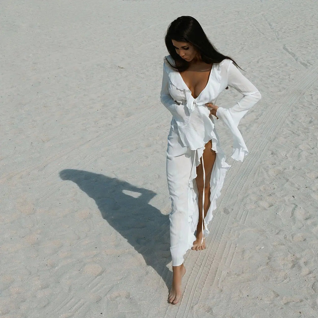 New Sexy V Neck Black White Ruffled Long Sleeve Chiffon Tunic Beach Cover Up Cover-ups Dress Sunscreen Beachwear Womens Clothing