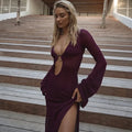 Sexy Hollow Out Knitted Dress Women Metal Ring Long Flare Sleeve Split Solid Maxi Dress Female 2025 V-neck Slim Lady Party Robes