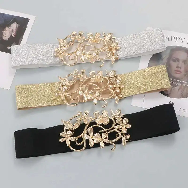 LANMREM Women Temperament Golden Flower Buckle Gold Silver Thread Elastic Waistband Fashionable Matching Skirt Dress 2DB1921