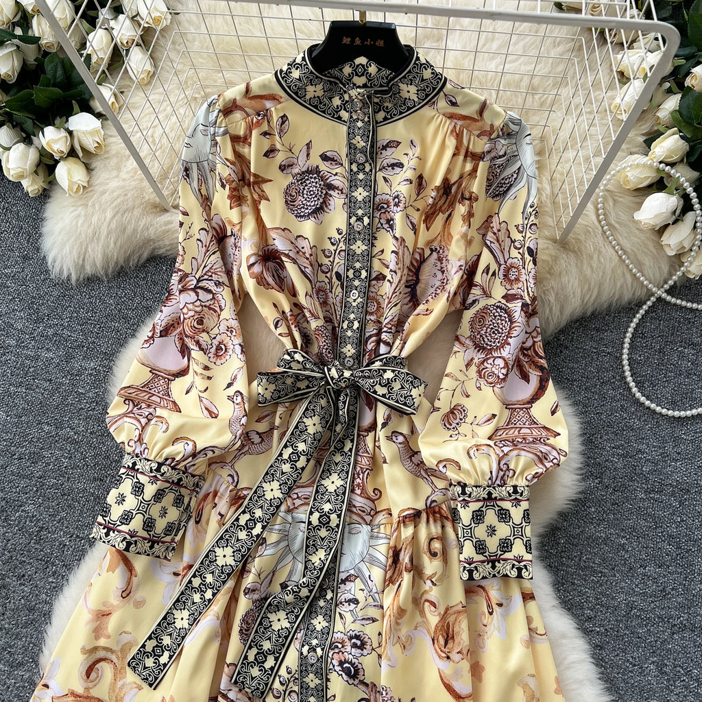 Elegant Long Sleeves Vintage Stand Collar Chic Single Breasted Print Bandage Slim Long Dress High Street Autumn Winter Clothing