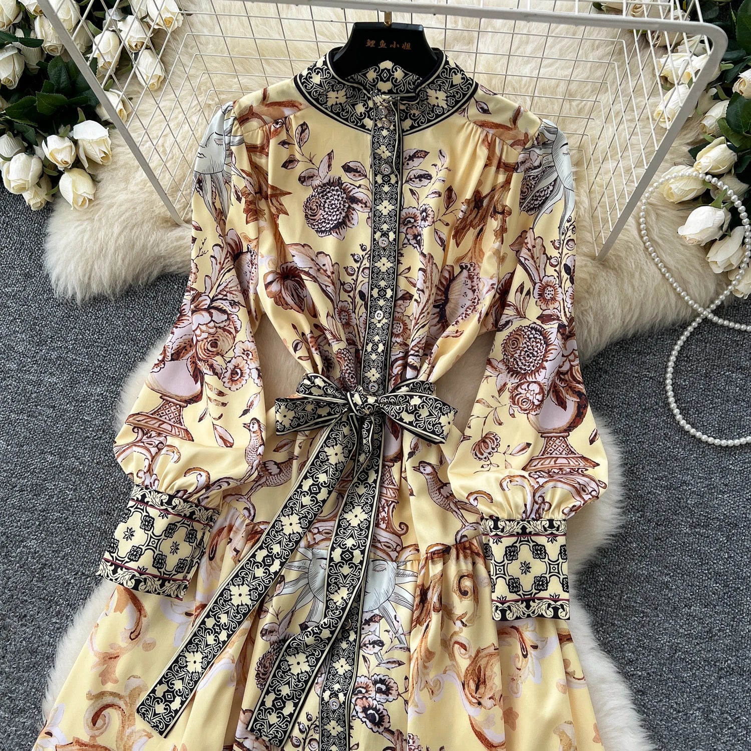 Elegant Long Sleeves Vintage Stand Collar Chic Single Breasted Print Bandage Slim Long Dress High Street Autumn Winter Clothing