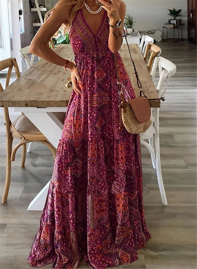 Bohemian Style Women's Clothing Long Dress New  Suspender Long Dress High Waist V-neck Printed Floral Dress Women's Clothing