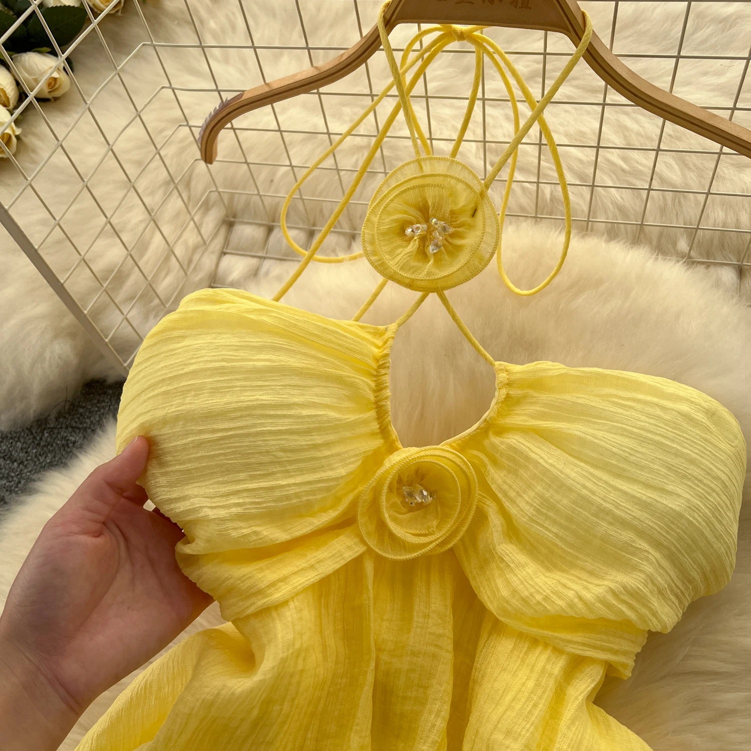 Elegant Sweet High Waist Hollow Out Asymmetric Three-dimensional Flower Halter Dress Vacation Slim Women Party Summer Dresses