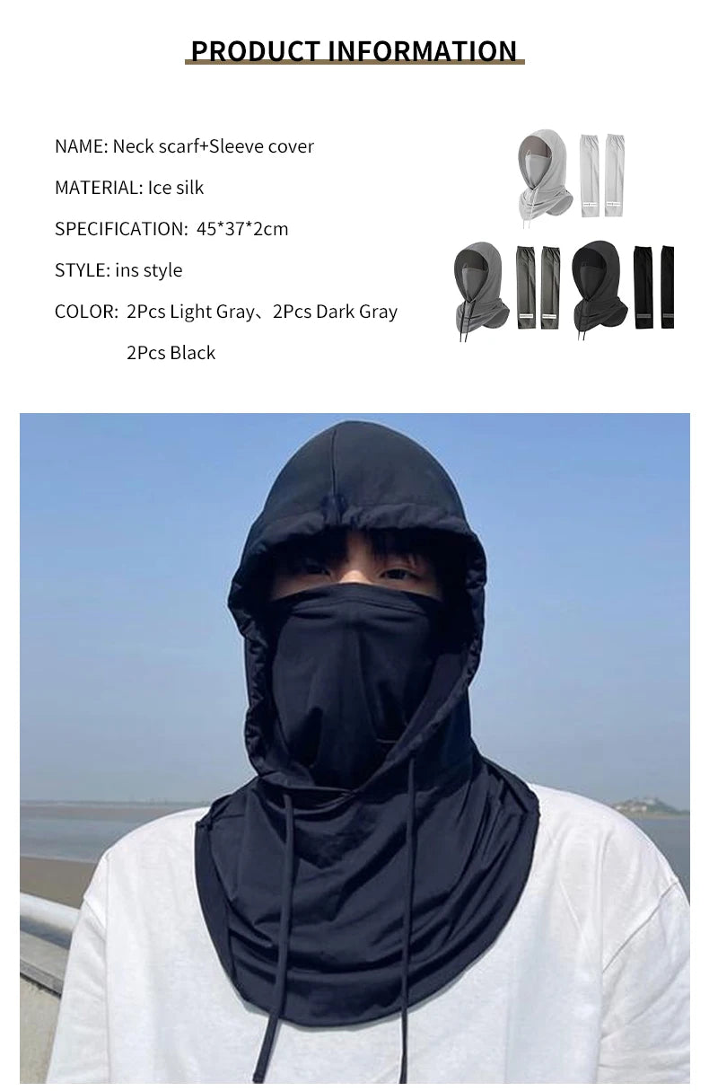 2Pcs Breathable Full Head Mask and Arm sleeve Set Unisex Summer Cooling Long Balaclava Face Mask Neck Cover for Cycling Fishing