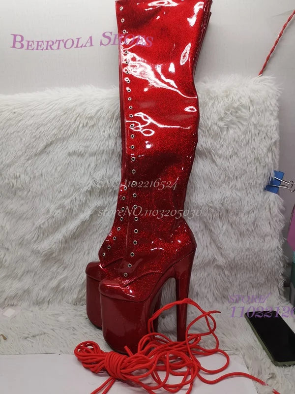Pure Black Shiny Glossy Sexy Dark Pattern Dance Thigh Boots Platform Woman Over The Knee Long Lace Up Zipper Shoes Bling Shoes