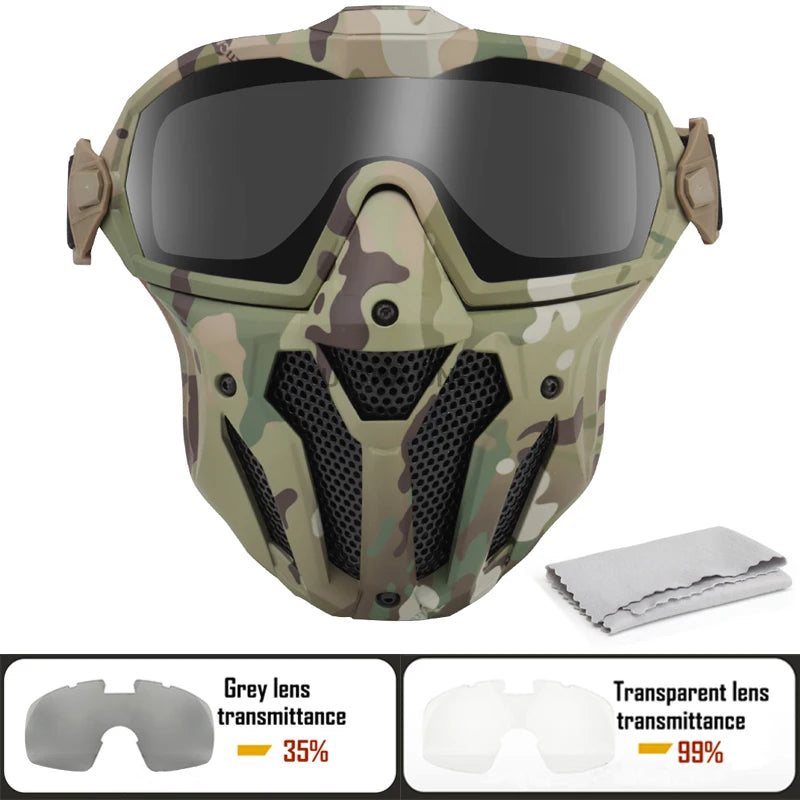 Tactical Full Face Mask Anti-fog Fan Shooting Safety Protective Equipment Hunting Airsoft Paintball Detachable Goggles Masks Set