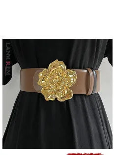 LANMREM Women Temperament Golden Flower Buckle Gold Silver Thread Elastic Waistband Fashionable Matching Skirt Dress 2DB1921