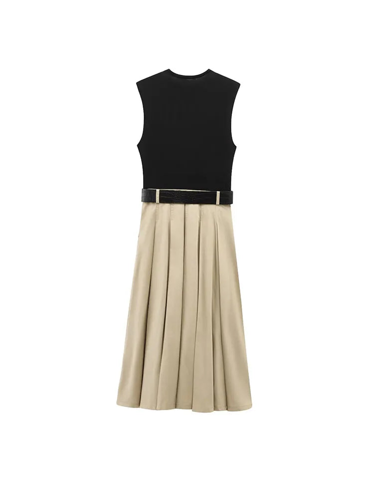 Women Summer MIDI Dress 2025 Fashion Patchwork O-Neck Belt Sleeveless Female Elegant Street Pleated Dresses Clothing