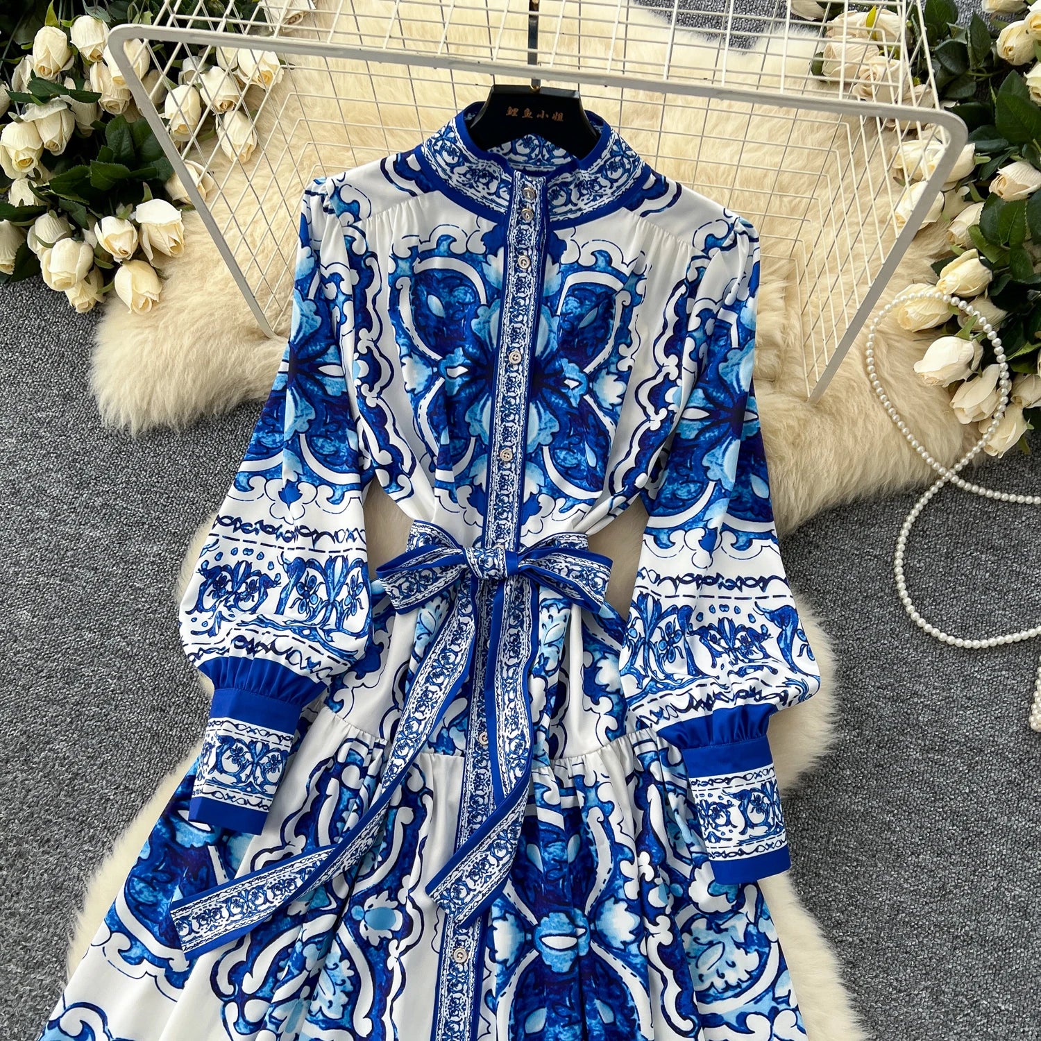 Elegant Long Sleeves Vintage Stand Collar Chic Single Breasted Print Bandage Slim Long Dress High Street Autumn Winter Clothing
