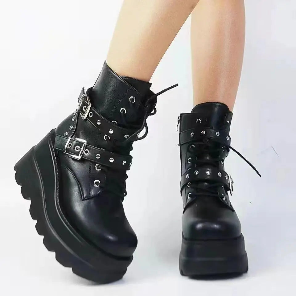 2025 Ankle Boots Platform Wedge Super High Heel Gothic Metal Heart Female Pumps Autumn Ladies Belt Round Toe Lolita Punk Shoe