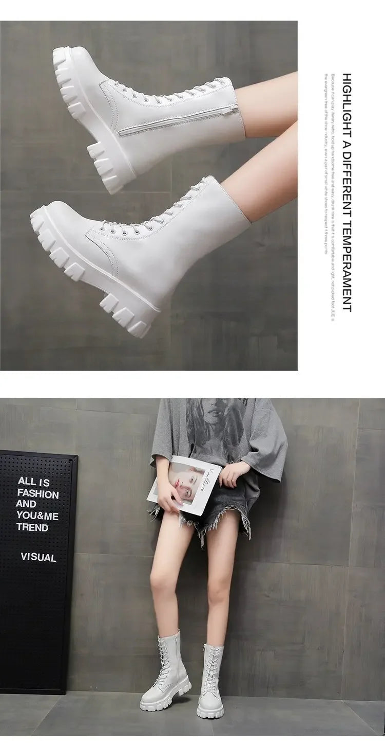 2024 Winter Shoes Women White Boots Autumn Fashion PU Leather Platform Gothic Boots Punk Combat Mid-Calf Boots For Women Booties