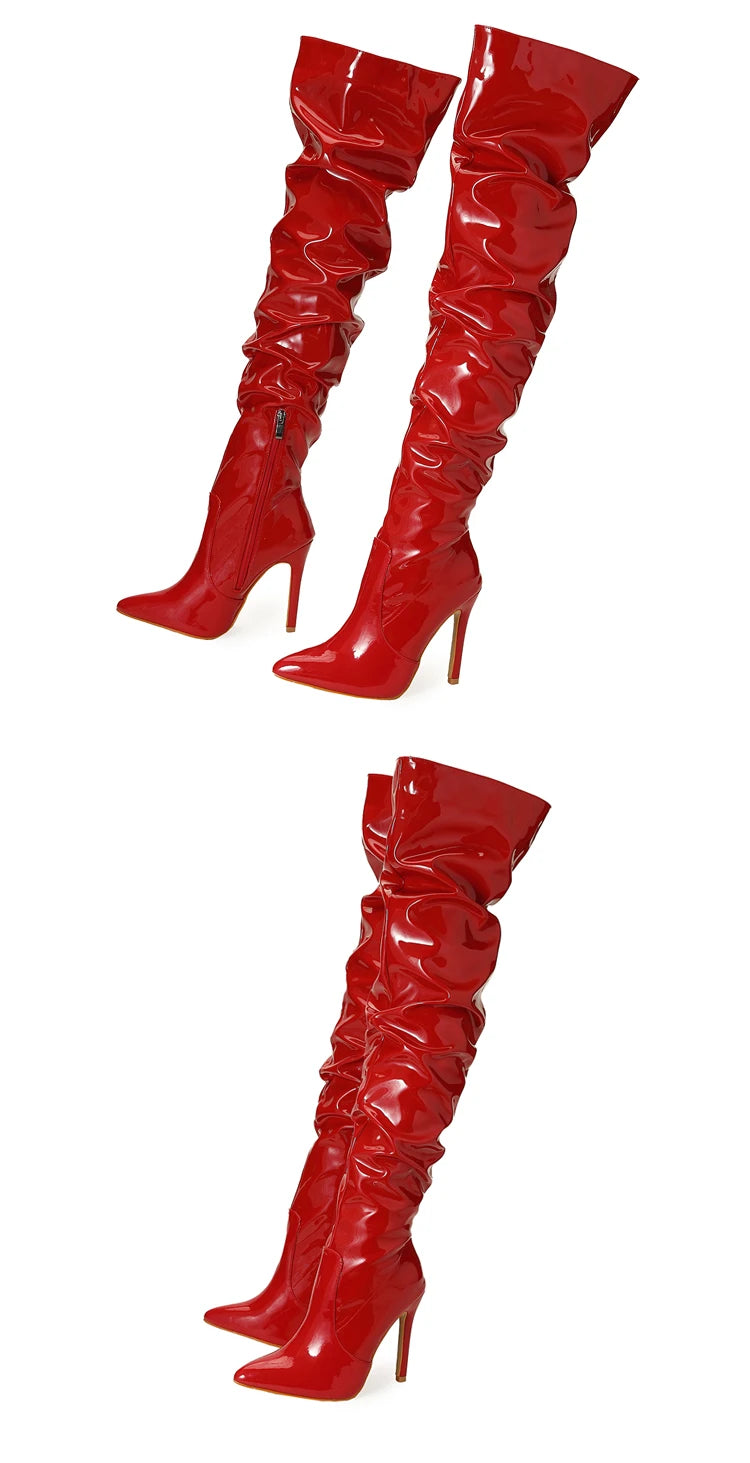 Eilyken High Quality Pleated Patent Leather Motorcycle Over The Knee Boots Women Fashion Pointed Toe Zip Thigh High Lady Shoes