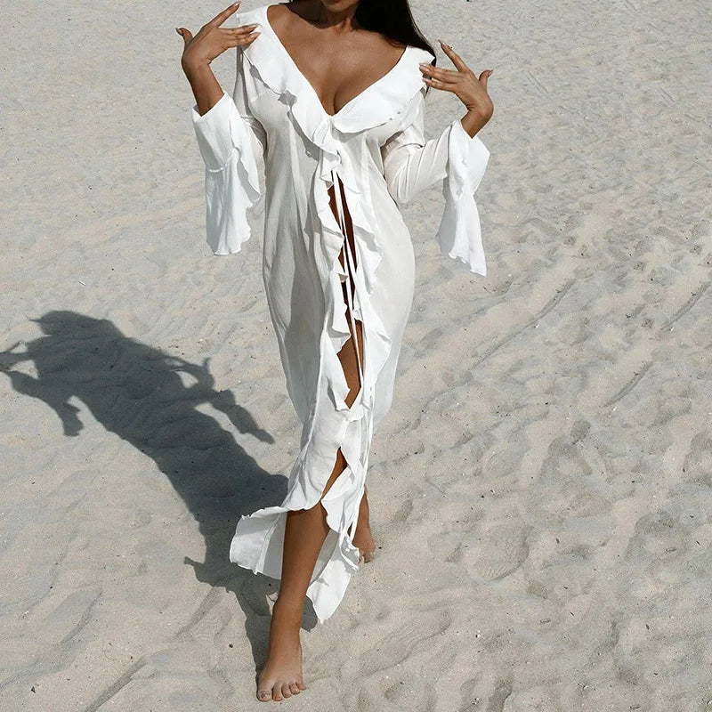 New Sexy V Neck Black White Ruffled Long Sleeve Chiffon Tunic Beach Cover Up Cover-ups Dress Sunscreen Beachwear Womens Clothing