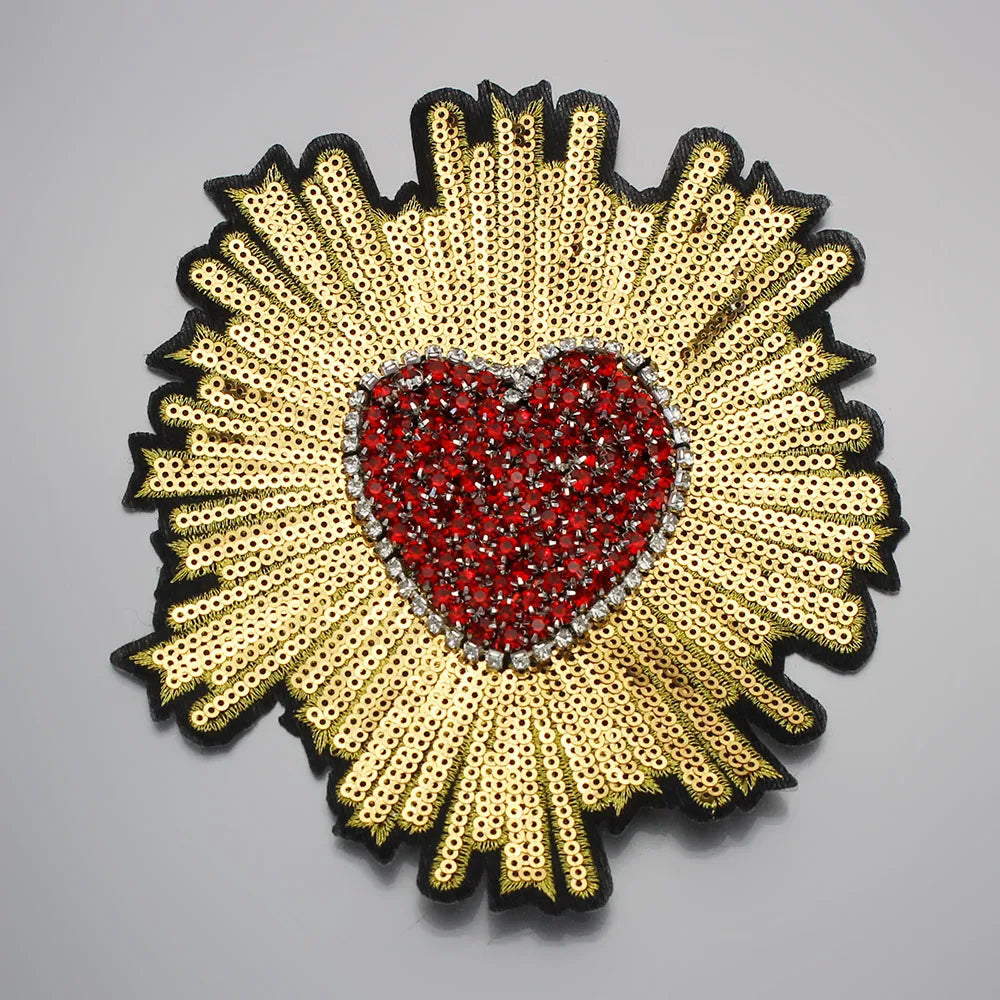 Beaded Crystal Red Diamond Heart Patches Embroidery Applique Sew on Gold Badge Clothes Craft Sewing A35