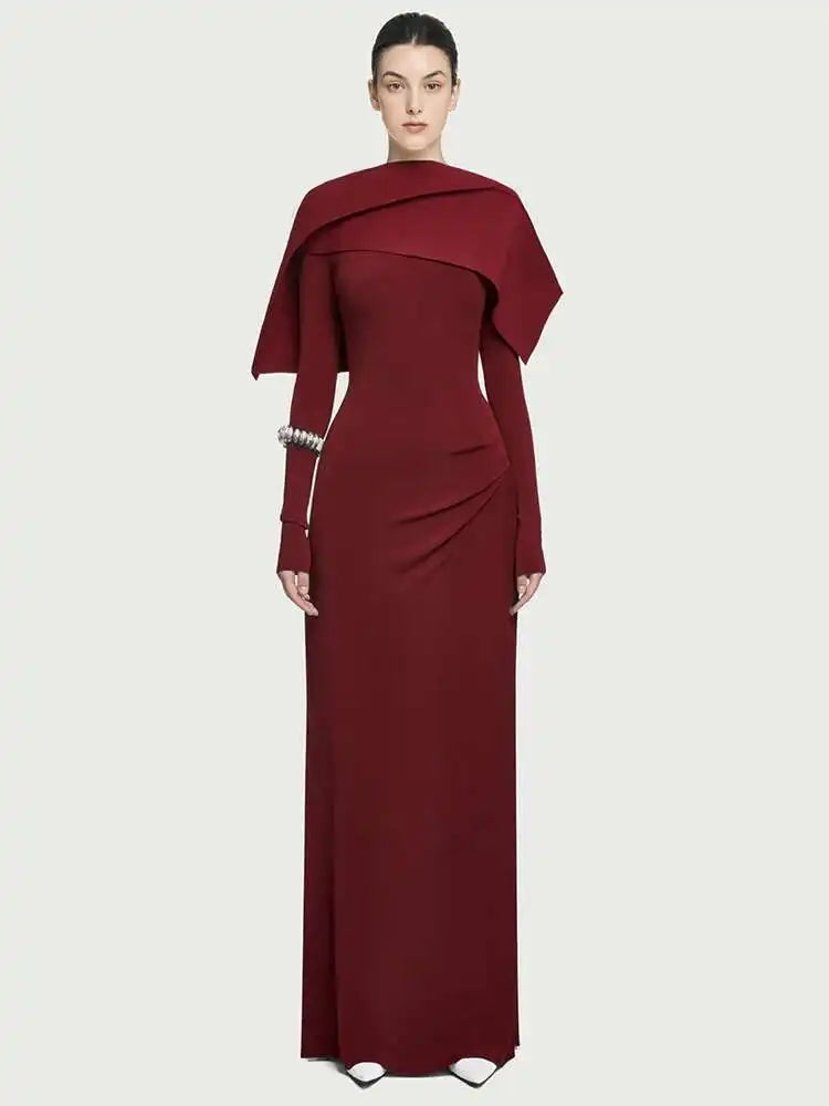 DEAT Elegant Dress Pleated Asymmetrical Cape Long Sleeve Contrast Color Women's Evening Party Dresses 2026 Spring New 35Z1621
