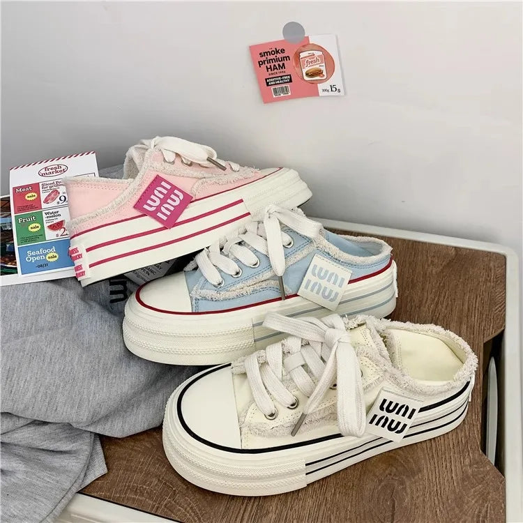 New Casual Height Increasing Platform Canvas Shoes Women  Outer White Sneakers Slipper Slip on Sandals Vulcanize Shoes
