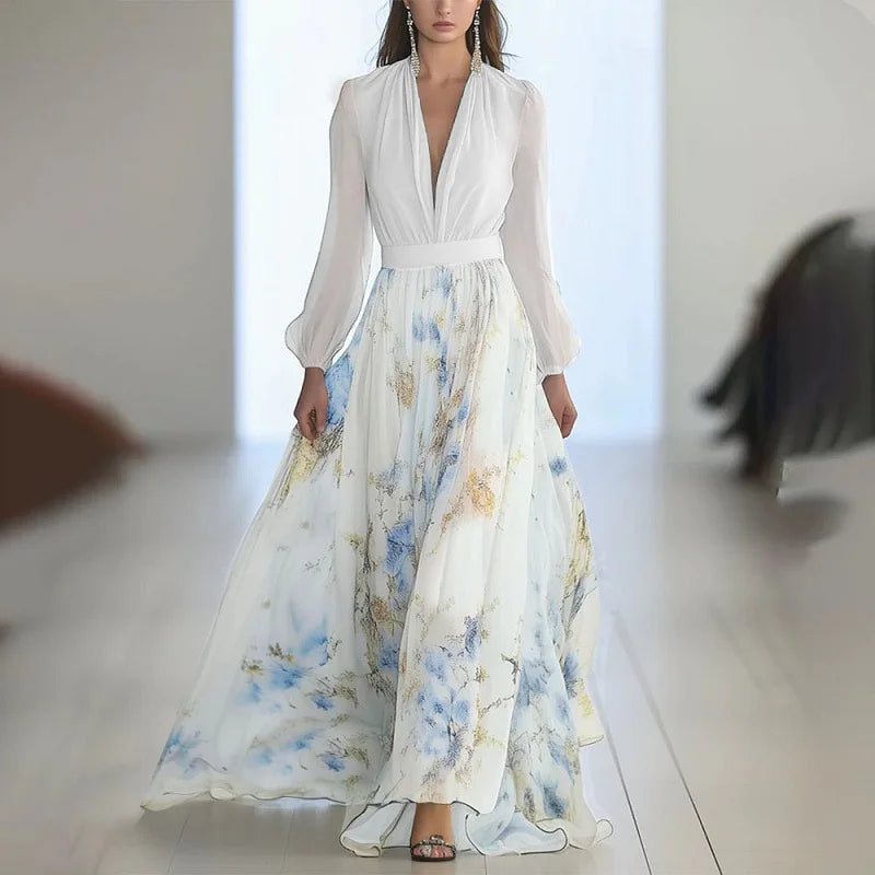 Robes Woman Elegant Floral Print Patchwork Maxi Dress Sexy V Neck High Waist Long Dress Spring Puff Sleeves Loose Bohemian Dress