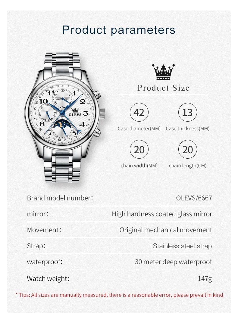 OLEVS Top Brand Luxury Automatic Mechanical Men Watches Moon Phase Steel Dress Fashion Business Waterproof Watch Reloj Hombre