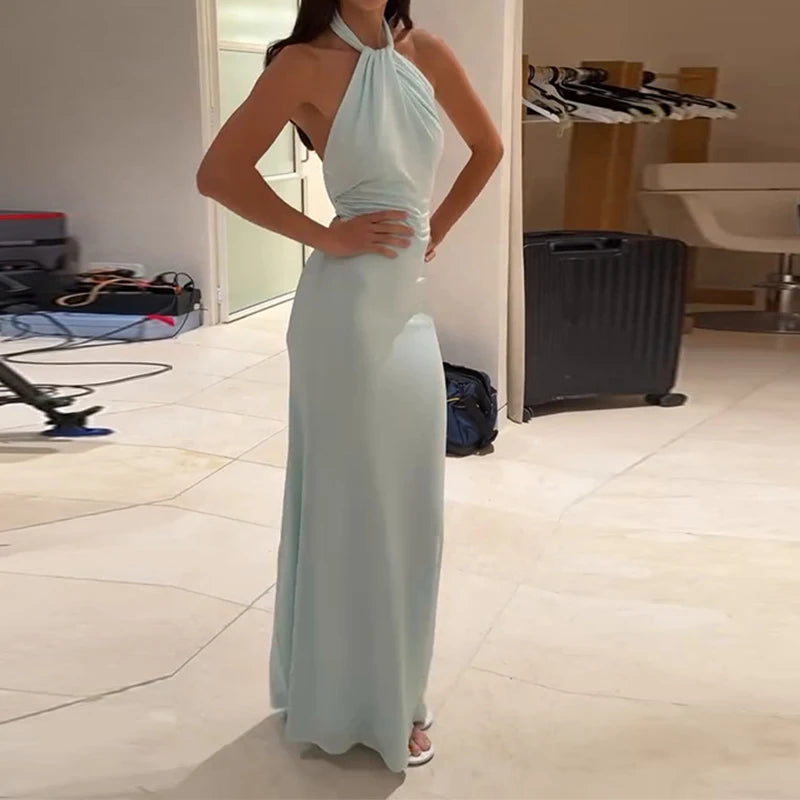 Sexy Sleeveless Slim One-piece Robes Elegant Lady Solid Pleated Evening Dresses Temperament Off Shoulder Back Twist Halter Dress