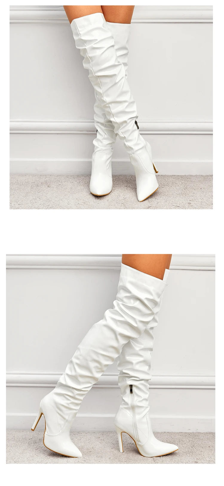 Eilyken High Quality Pleated Patent Leather Motorcycle Over The Knee Boots Women Fashion Pointed Toe Zip Thigh High Lady Shoes