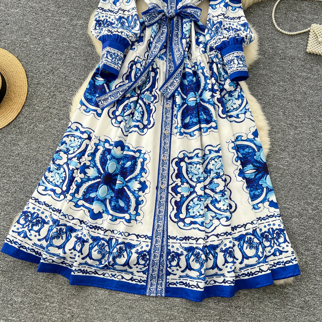 Elegant Long Sleeves Vintage Stand Collar Chic Single Breasted Print Bandage Slim Long Dress High Street Autumn Winter Clothing