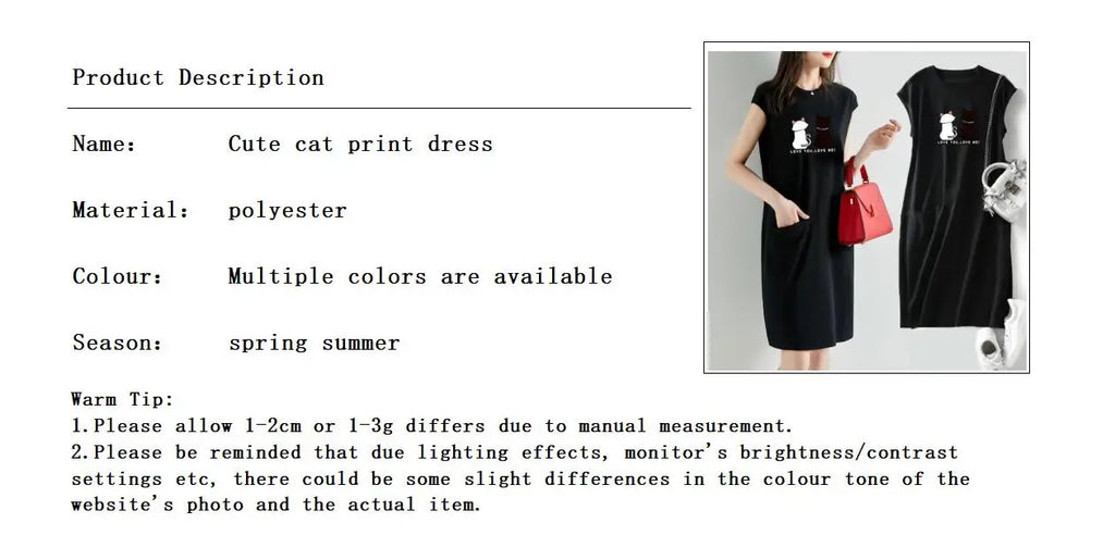 Women Summer Kawaii Cat Print Dress Korean Fashion Aesthetic Clothes Casual Streetwear Black Loose Midi Dresses for Women 2023
