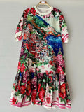 Fashion elegant geometric printing short sleeve loose dress Summer women's new temperament casual short straight skirt