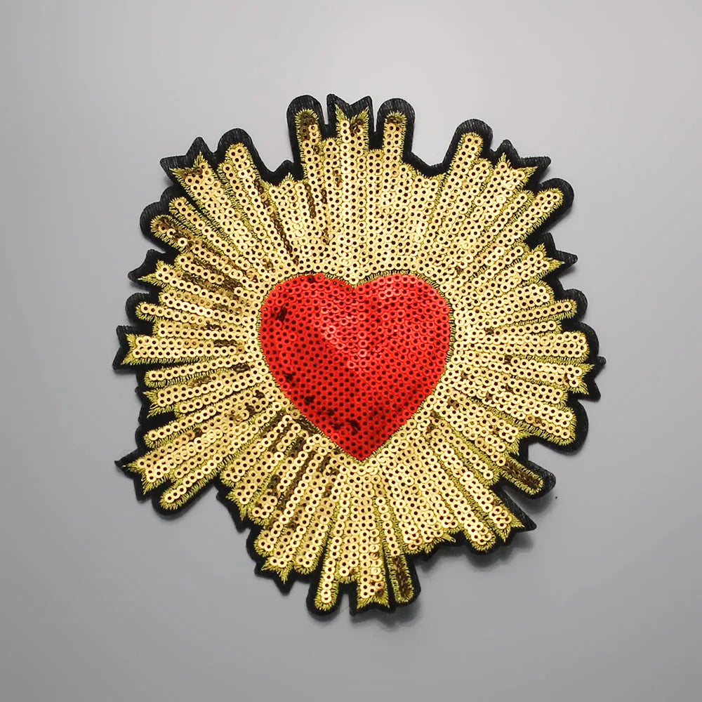 Beaded Crystal Red Diamond Heart Patches Embroidery Applique Sew on Gold Badge Clothes Craft Sewing A35