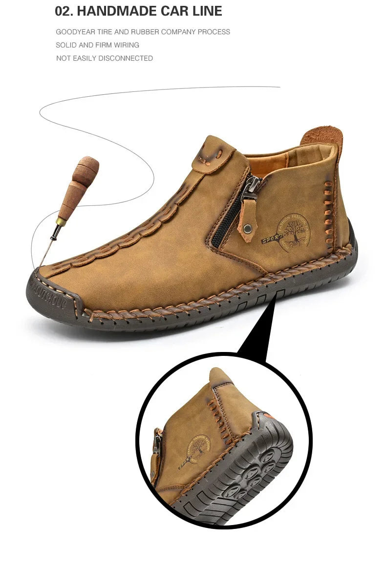 Men Boots Handmade Casual Ankle Boats for Man Male Hombres Walking Shoe Breathable Hombres Leather Wide Upright Zipper Shoes