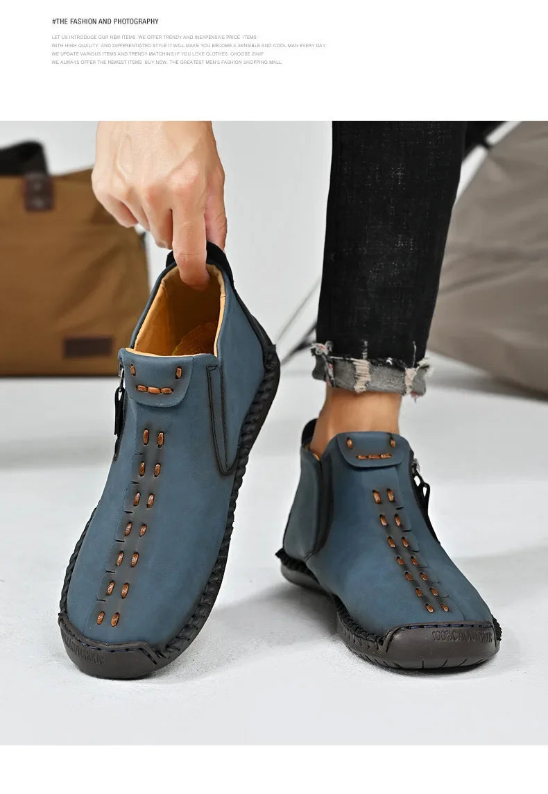 Men Boots Handmade Casual Ankle Boats for Man Male Hombres Walking Shoe Breathable Hombres Leather Wide Upright Zipper Shoes