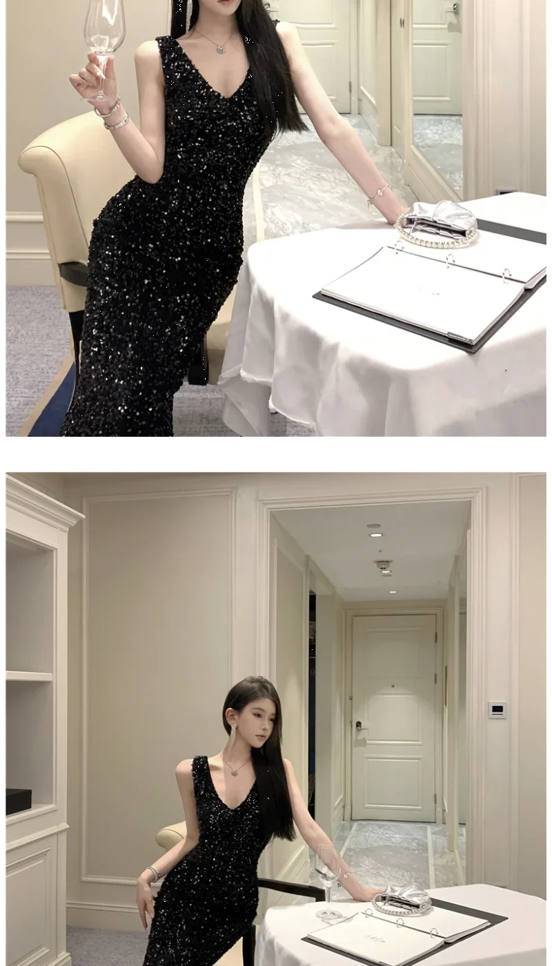 Heavy Industry Sequin V-neck Sling Dress Women's Autumn Slim Dress Temperament Fishtail Hip-wrapped Long Dresses
