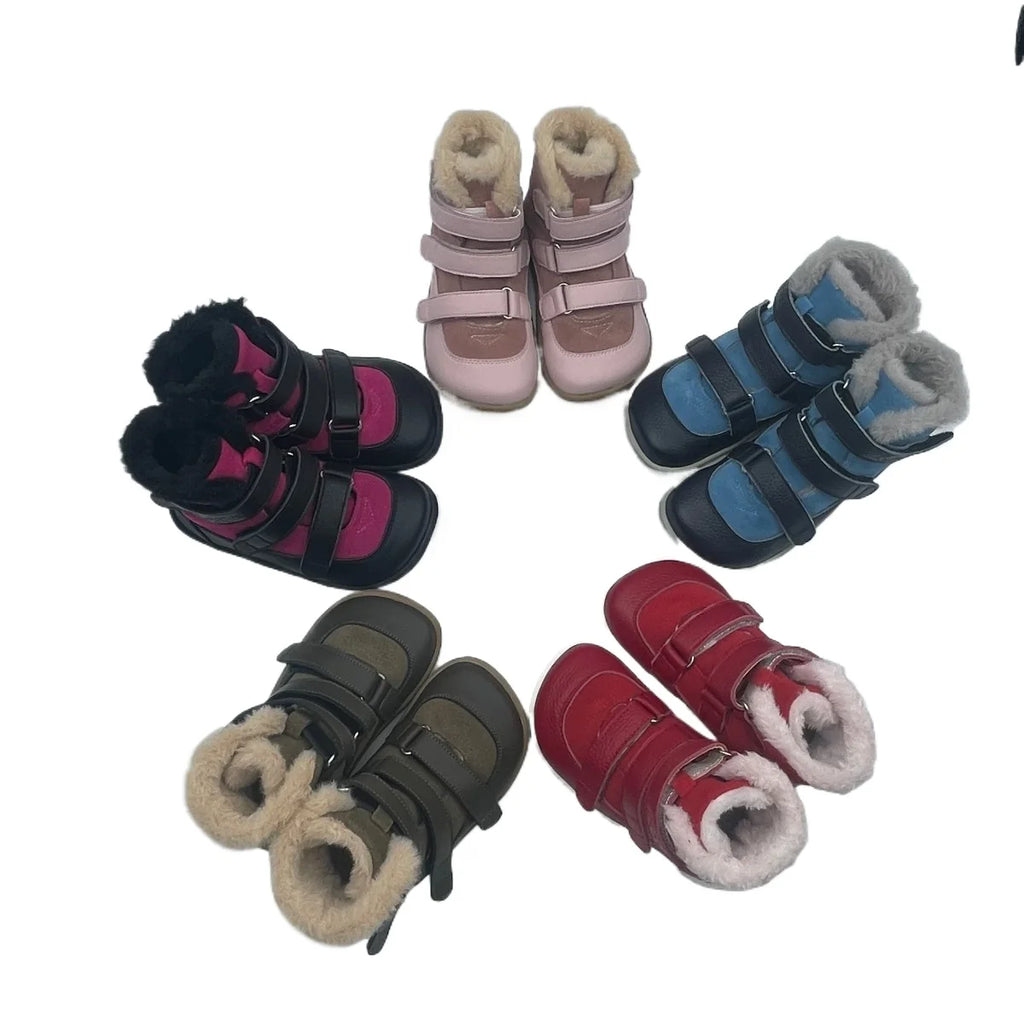 TipsieToes Top Brand Barefoot Genuine Leather Baby Toddler Girl Boy Kids Shoes For Fashion Winter Snow Boots 3 Straps Fur Inside