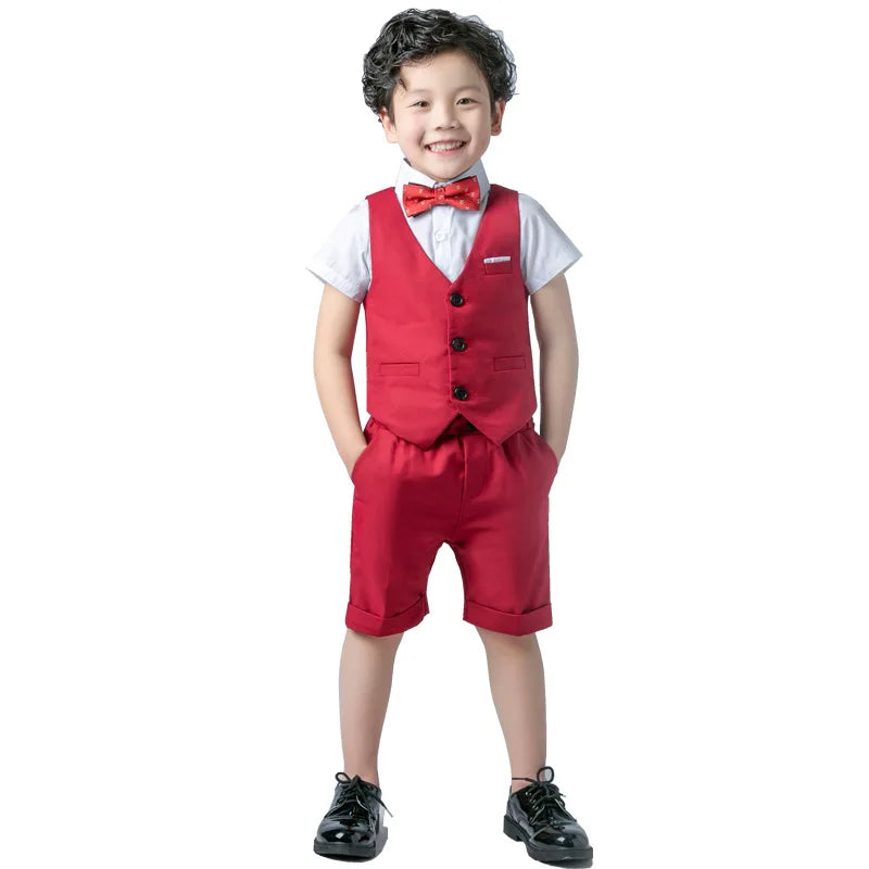 Boys Formal Birthday Photograph Suit Kids Summer Vest Shirt Short Bowtie Wedding Dress Teenager Suit Children Graduation Costume