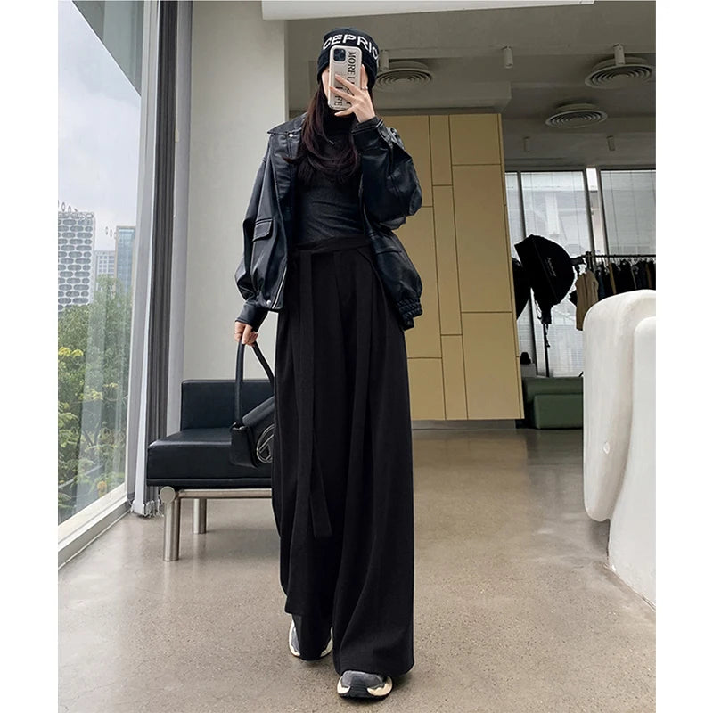 MEXZT Woolen Wide Leg Pants Women Fashion Lace Up Black Baggy Suit Pants Winter Streetwear Korean Casual Straight Trousers New