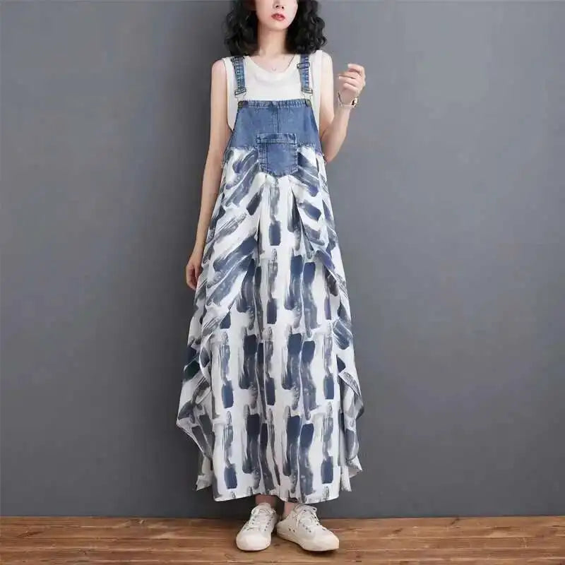 [EWQ] Sweet Women's Denim Dress Patchwork Contrasting Print Design Big Zise Casual Clothing Beautiful Sing Dresses 16O1075