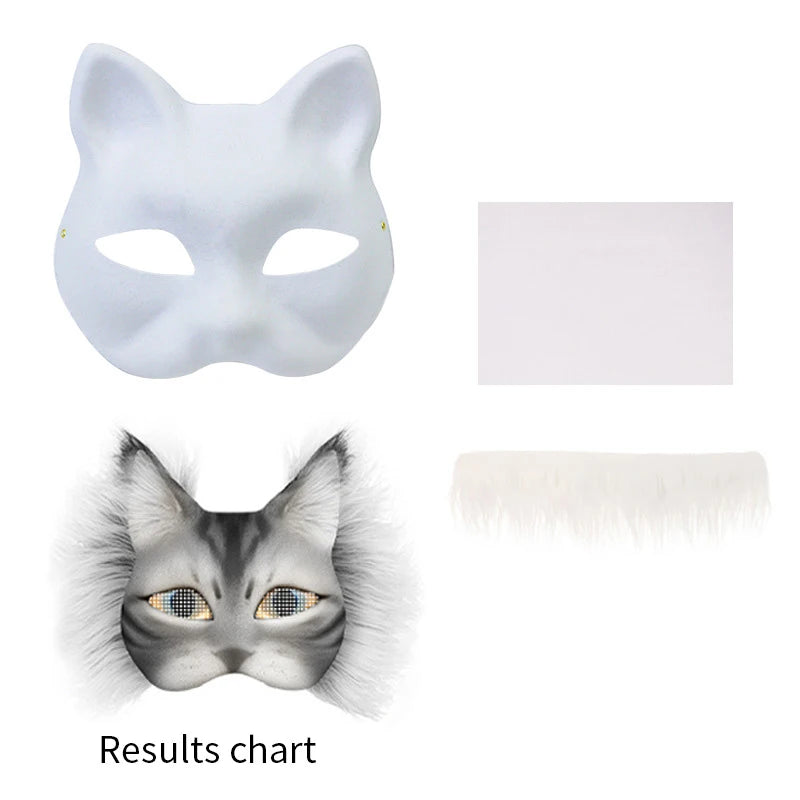 Therian Mask Set Blank Mask Half Face Hand Drawn Animal Cat Fox Mask DIY Handmade Graffiti Half Face Mask Party Christmas Gifts