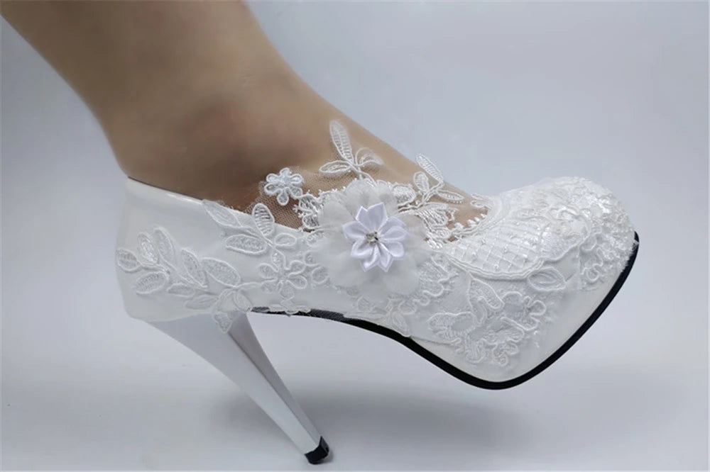 Spring new round-toe waterproof platform lace rhinestone low-heel wedding shoes thin high-heeled dress large-size women's shoes