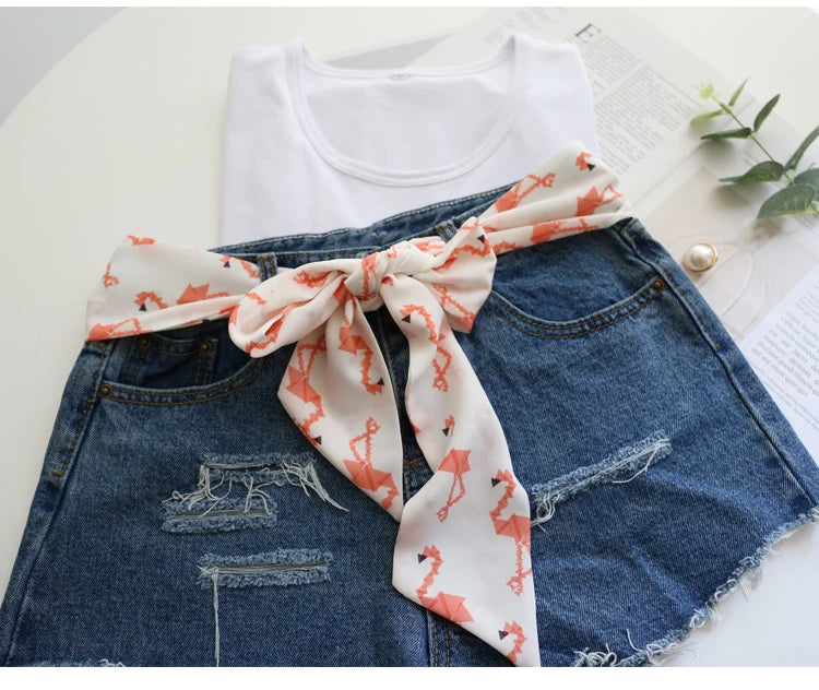 Summer Women Imitation Silk Dress Belt Variety Cute Double Printing Women Neckerchiefs Travel Bag Hats Ribbons Ladies Scarves