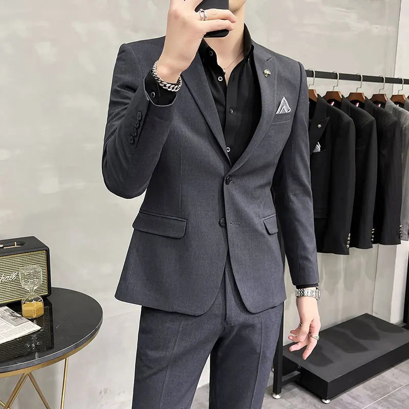 ( Blazer + Pants ) High End Brand Plaid Men's Casual Formal Office Business Suit Groom Wedding Dress Slim Suit Jacket Trousers