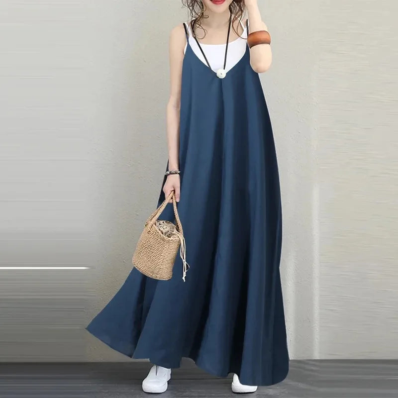 Women Loose Slip Dress Sexy V Neck Backless Sleeveless Solid Baggy Beachwear Holiday Party Dresses Oversized JYFS-4652