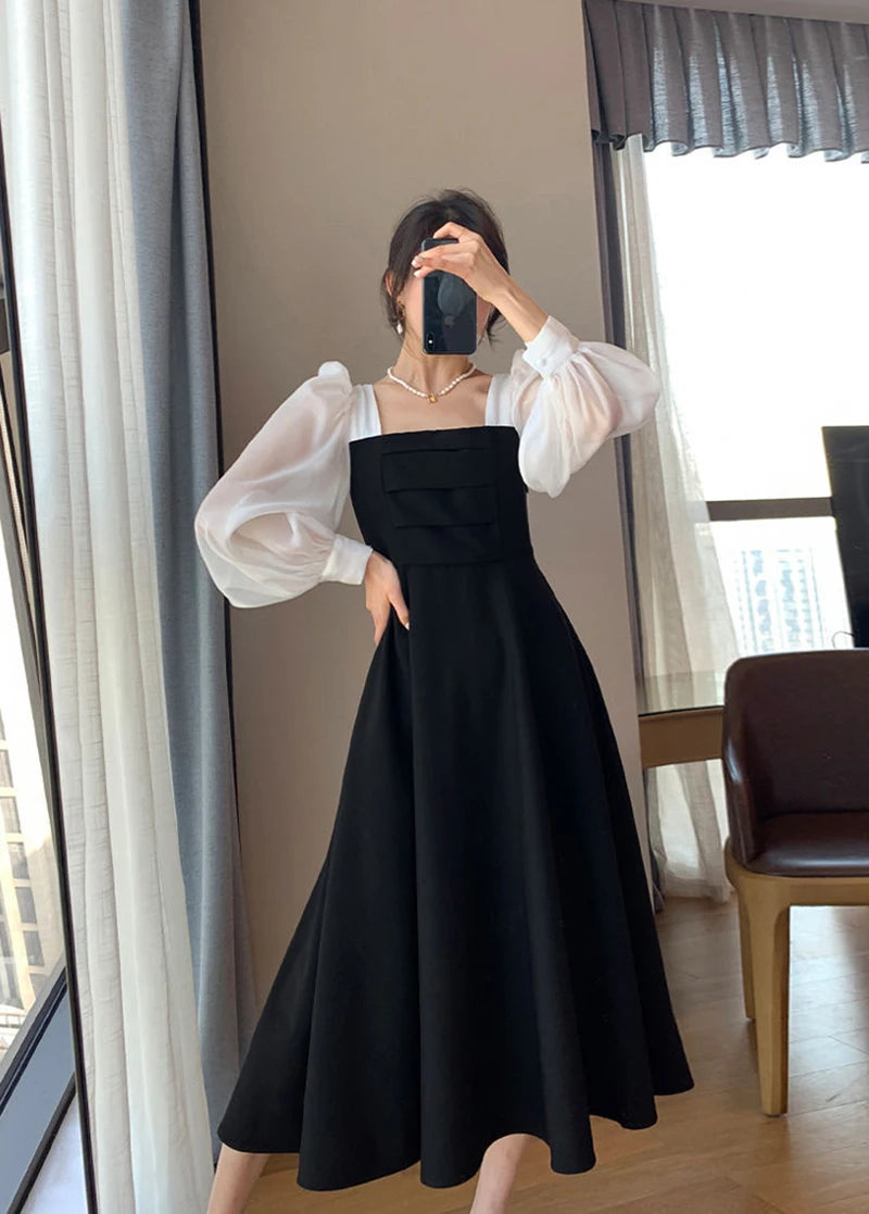 Korean Black Dress Women Elegant Fashion Summer Office Ladies High Waist Dress Chiffon Patchwork Square Collar A Line Vestidos