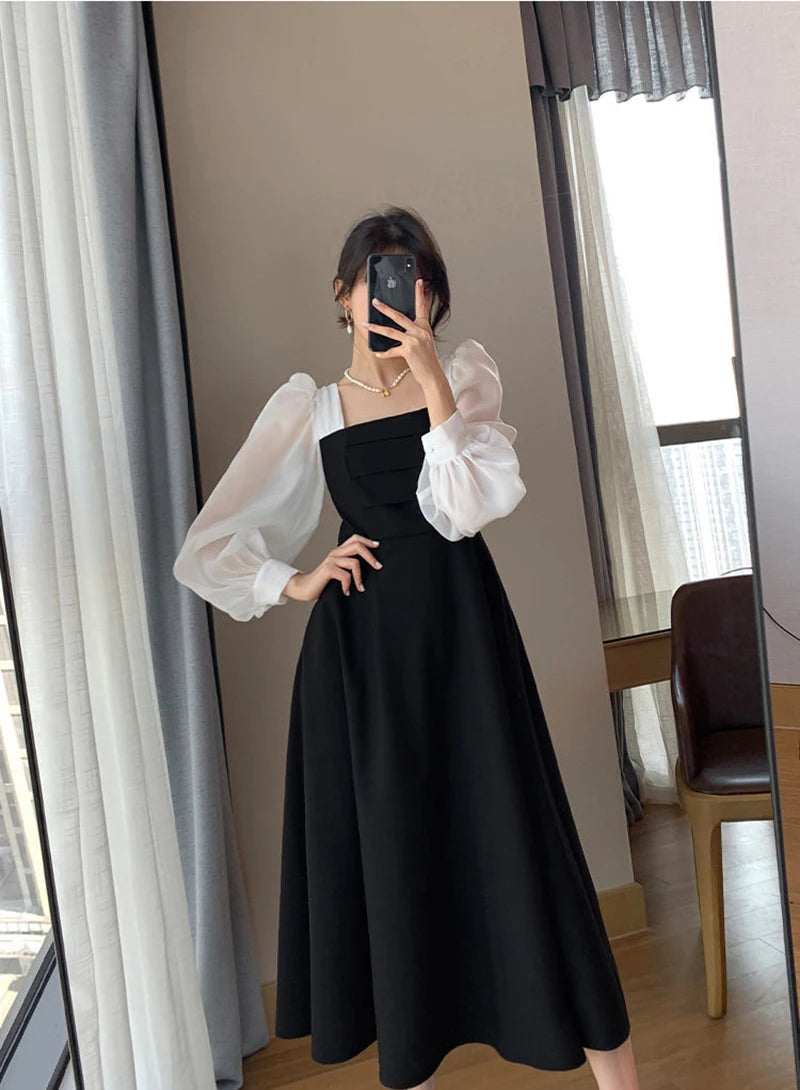 Korean Black Dress Women Elegant Fashion Summer Office Ladies High Waist Dress Chiffon Patchwork Square Collar A Line Vestidos